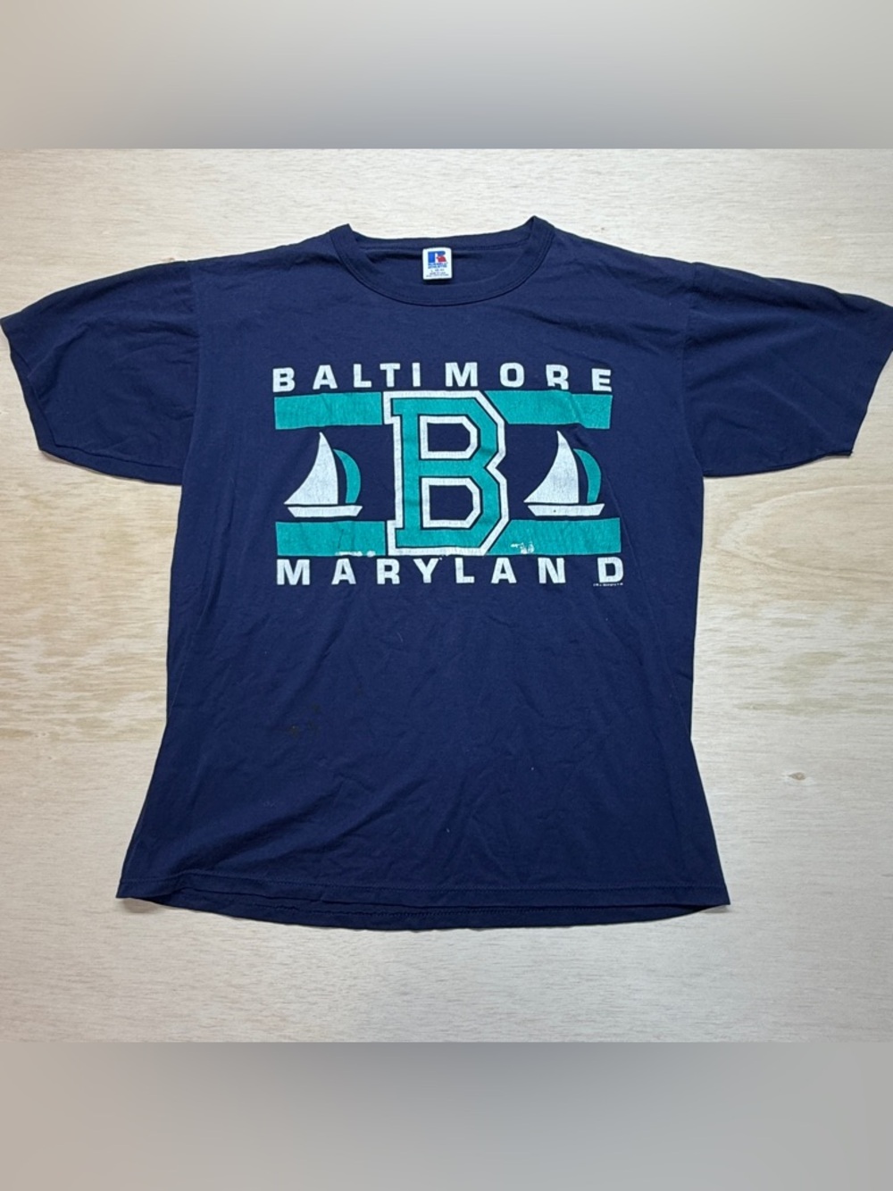 Vintage 90s Russell Athletic Baltimore T-Shirt | Sailboat Graphic | USA Made L